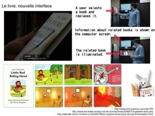 Le livre, nouvelle interface  http://www.hml.queensu.ca/node/109 http://www.we-make-money-not-art.com/archives/2006/01/a-geekier-versi.php http://lafeuille.homo-numericus.net/2007/06/un-systme-dynamique-de-recommandation.html 