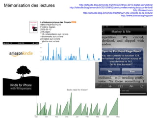 Mémorisation des lectures http://lafeuille.blog.lemonde.fr/2010/02/24/toc-2010-digital-storytelling/ http://lafeuille.blog.lemonde.fr/2010/04/02/de-nouvelles-metriques-pour-le-livre/ http://bkkeepr.com http://lafeuille.blog.lemonde.fr/2009/02/12/la-velocite-de-la-lecture/ http://www.bookstrapping.com 