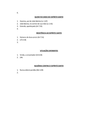 6.
QUEM FOI CHEIO DO ESPÍRITO SANTO
1. Zacarias, pai de João Batista (Lc 1.67)
2. João Batista, no ventre de sua mãe (Lc 1.41)
3. Estevão, apedrejado (At 7.55)
4.
RESISTÊNCIA AO ESPÍRITO SANTO
1. Homens de dura cerviz (At 7.51)
2. (1Ts 4.8)
3.
SITUAÇÕES DIFERENTES
1. Simão, o encantador (At 8.19)
2. (Hb
BLASÊMIA CONTRA O ESPÍRITO SANTO
1. Nunca obterá perdão (Mc 3.29)
2.
 