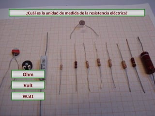 ¿Cuál es la unidad de medida de la resistencia eléctrica?

Ohm
Volt
Watt

 