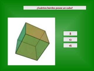 ¿Cuántos bordes posee un cubo?

8
12
16

 