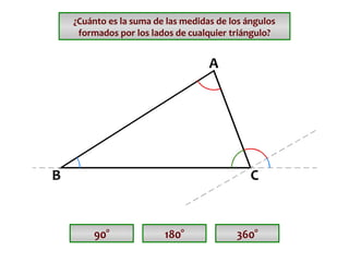 ¿Cuánto es la suma de las medidas de los ángulos
formados por los lados de cualquier triángulo?

90°

180°

360°

 