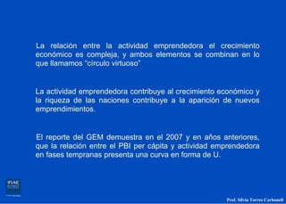 La relación entre la actividad emprendedora el crecimiento
económico es compleja, y ambos elementos se combinan en lo
que llamamos “círculo virtuoso”


La actividad emprendedora contribuye al crecimiento económico y
la riqueza de las naciones contribuye a la aparición de nuevos
emprendimientos.


El reporte del GEM demuestra en el 2007 y en años anteriores,
que la relación entre el PBI per cápita y actividad emprendedora
en fases tempranas presenta una curva en forma de U.




                                                      Prof. Silvia Torres Carbonell
 