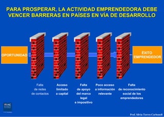 PARA PROSPERAR, LA ACTIVIDAD EMPRENDEDORA DEBE
   VENCER BARRERAS EN PAÍSES EN VÍA DE DESARROLLO




                                                                                   ÉXITO
OPORTUNIDAD
                                                                                EMPRENDEDOR




                  Falta      Acceso          Falta    Poco acceso           Falta
                de redes     limitado      de apoyo   a información   de reconocimiento
              de contactos   a capital    del marco      relevante       social de los
                                             legal                     emprendedores
                                         e impositivo


                                                                             Prof. Silvia Torres Carbonell
 