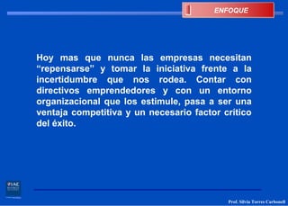ENFOQUE




Hoy mas que nunca las empresas necesitan
“repensarse” y tomar la iniciativa frente a la
incertidumbre que nos rodea. Contar con
directivos emprendedores y con un entorno
organizacional que los estimule, pasa a ser una
ventaja competitiva y un necesario factor crítico
del éxito.




                                           Prof. Silvia Torres Carbonell
 
