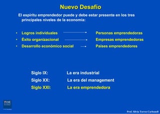 Nuevo Desafío
    El espíritu emprendedor puede y debe estar presente en los tres
      principales niveles de la economía:


•    Logros individuales                     Personas emprendedoras
•    Éxito organizacional                    Empresas emprendedoras
•    Desarrollo económico social             Países emprendedores




          Siglo IX:           La era industrial
          Siglo XX:           La era del management
          Siglo XXI:          La era emprendedora




                                                              Prof. Silvia Torres Carbonell
 