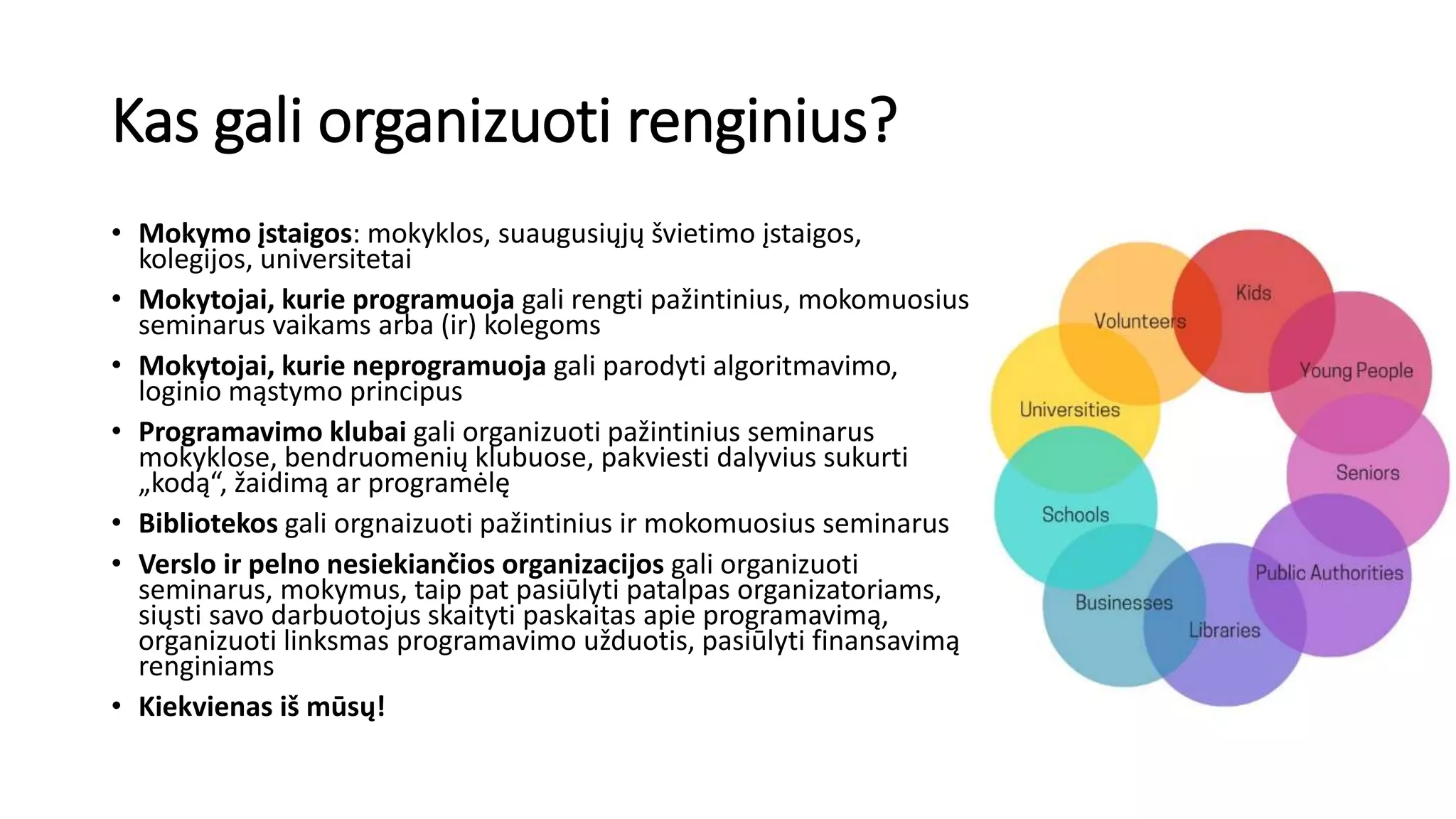 Spalio7-22d.2017m.
Kas gali organizuoti renginius?
• Mokymo įstaigos: mokyklos, suaugusiųjų švietimo įstaigos,
kolegijos, universitetai
• Mokytojai, kurie programuoja gali rengti pažintinius, mokomuosius
seminarus vaikams arba (ir) kolegoms
• Mokytojai, kurie neprogramuoja gali parodyti algoritmavimo,
loginio mąstymo principus
• Programavimo klubai gali organizuoti pažintinius seminarus
mokyklose, bendruomenių klubuose, pakviesti dalyvius sukurti
„kodą“, žaidimą ar programėlę
• Bibliotekos gali orgnaizuoti pažintinius ir mokomuosius seminarus
• Verslo ir pelno nesiekiančios organizacijos gali organizuoti
seminarus, mokymus, taip pat pasiūlyti patalpas organizatoriams,
siųsti savo darbuotojus skaityti paskaitas apie programavimą,
organizuoti linksmas programavimo užduotis, pasiūlyti finansavimą
renginiams
• Kiekvienas iš mūsų!
 