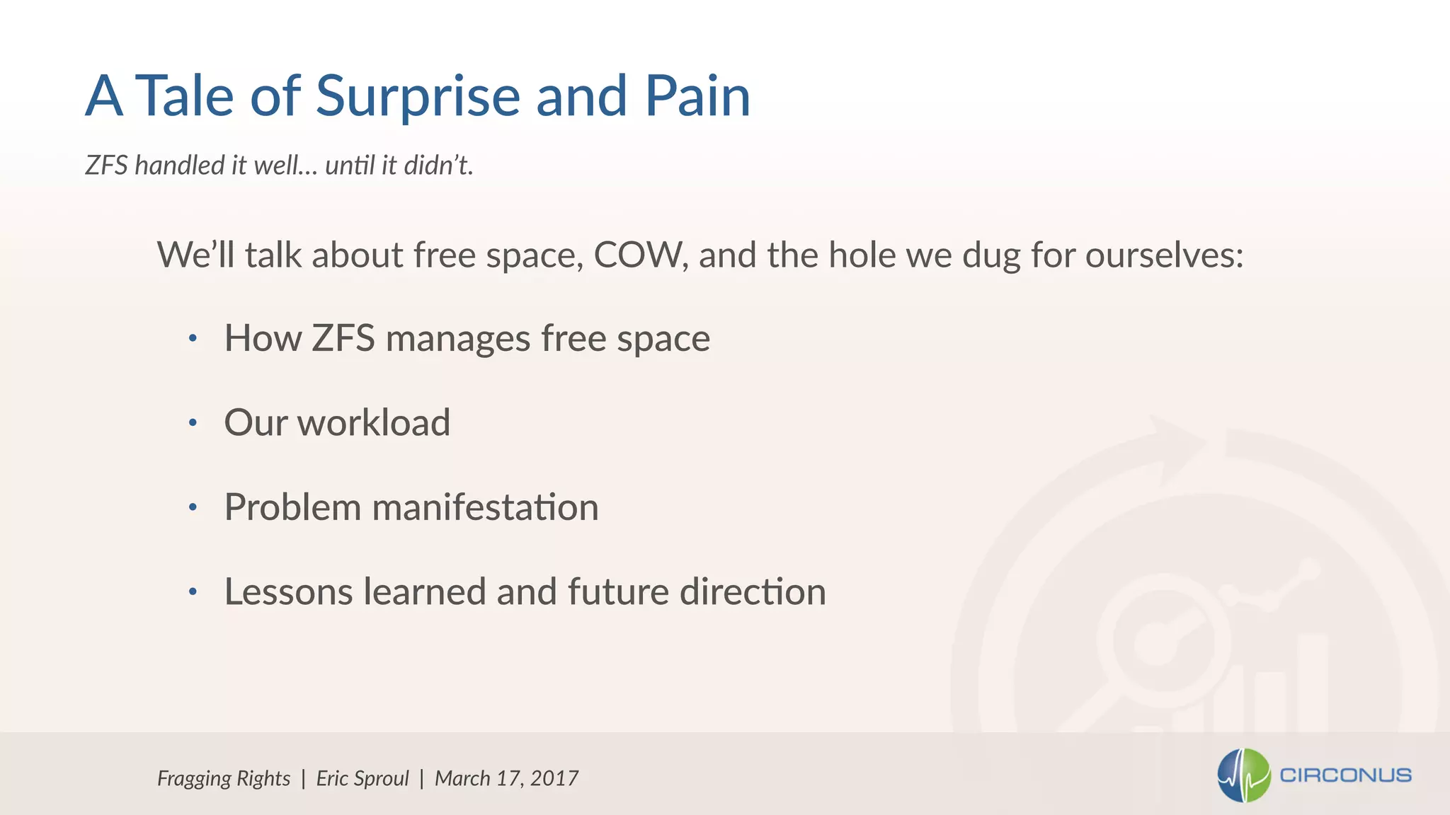 • How ZFS manages free space
• Our workload
• Problem manifesta=on
• Lessons learned and future direc=on
We’ll talk about free space, COW, and the hole we dug for ourselves:
Fragging Rights | Eric Sproul | March 17, 2017
ZFS handled it well… unFl it didn’t.
A Tale of Surprise and Pain
 