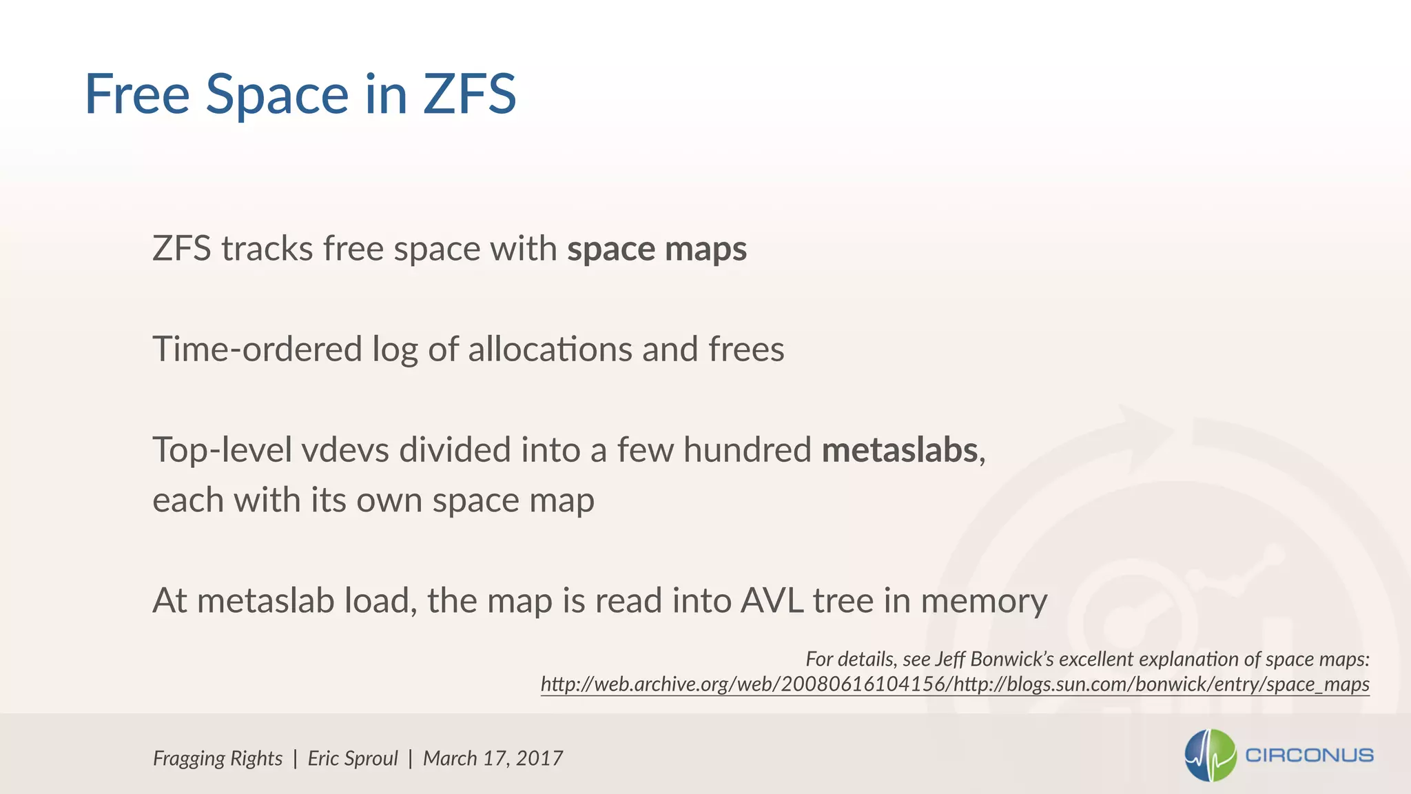 Fragging Rights | Eric Sproul | March 17, 2017
ZFS tracks free space with space maps
Time-ordered log of allocaNons and frees
Top-level vdevs divided into a few hundred metaslabs,
each with its own space map
At metaslab load, the map is read into AVL tree in memory
Free Space in ZFS
For details, see Jeﬀ Bonwick’s excellent explanaFon of space maps: 
hOp://web.archive.org/web/20080616104156/hOp://blogs.sun.com/bonwick/entry/space_maps
 