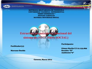 REPÚBLICA BOLIVARIANA DE VENEZUELA
UNIVERSIDAD NACIONAL EXPERIMENTAL
“SIMÓN RÓDRIGUEZ ”
NÚCLEO: CARICUAO
MATERIA: SEGURIDAD SOCIAL
Caracas, Marzo 2014
Participante:
Gómez Marlín C.I 21.133.899
Sección: “D”
Ambiente:”9”
Facilitador(a):
Marcano Oneida
 