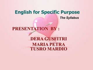 English for Specific Purpose
The Syllabus
PRESENTATION BY :
DERA GUSFITRI
MARIA PETRA
TUSRO MARDIO
 