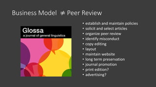 Business Model ≠ Peer Review
• establish and maintain policies
• solicit and select articles
• organize peer review
• identify misconduct
• copy editing
• layout
• maintain website
• long term preservation
• journal promotion
• print edition?
• advertising?
 