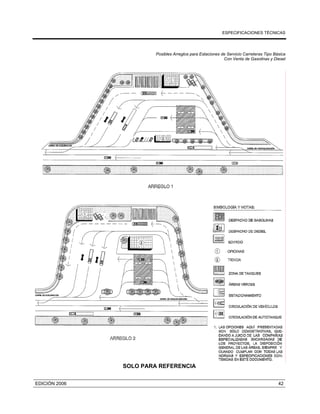 ESPECIFICACIONES TÉCNICAS
EDICIÓN 2006 42
Posibles Arreglos para Estaciones de Servicio Carreteras Tipo Básica
Con Venta de Gasolinas y Diesel
SOLO PARA REFERENCIA
 