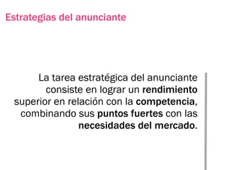 Estrategias del anunciante




      La tarea estratégica del anunciante
        consiste en lograr un rendimiento
 superior en relación con la competencia,
  combinando sus puntos fuertes con las
                necesidades del mercado.
 
