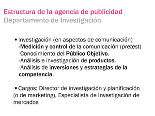 Estructura de la agencia de publicidad
Departamento de Investigación

   •Investigación (en aspectos de comunicación)
     -Medición y control de la comunicación (pretest)
     -Conocimiento del Público Objetivo.
     -Análisis e investigación de productos.
     -Análisis de inversiones y estrategias de la
     competencia.

   •Cargos: Director de investigación y planificación
   (o de marketing), Especialista de Investigación de
   mercados
 