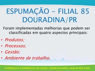 ESPUMAÇÃO - FILIAL 85
DOURADINA/PR
Foram implementadas melhorias que podem ser
classificadas em quatro aspectos principais:
• Produtos;
• Processos;
• Gestão;
• Ambiente de trabalho.
 