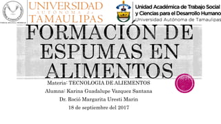 Materia: TECNOLOGIA DE ALIEMENTOS
Alumna: Karina Guadalupe Vazquez Santana
Dr. Roció Margarita Uresti Marin
18 de septiembre del 2017
 