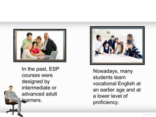 In the past, ESP
courses were
designed by
intermediate or
advanced adult
learners.
Nowadays, many
students learn
vocational English at
an earlier age and at
a lower level of
proficiency.
 