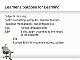 Learner’s purpose for Learning
Subjects may vary:
health accounting, computer, science, tourism,
business management, armed forces etc.
ESL All four language skills
ESP Skills taught according to the needs
of the students
E.g.
Spoken Skills for students studying tourism
 