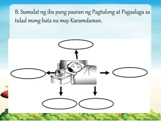 B. Sumulat ng iba pang paaran ng Pagtulong at Pagaalaga sa
tulad mong bata na may Karamdaman.
 