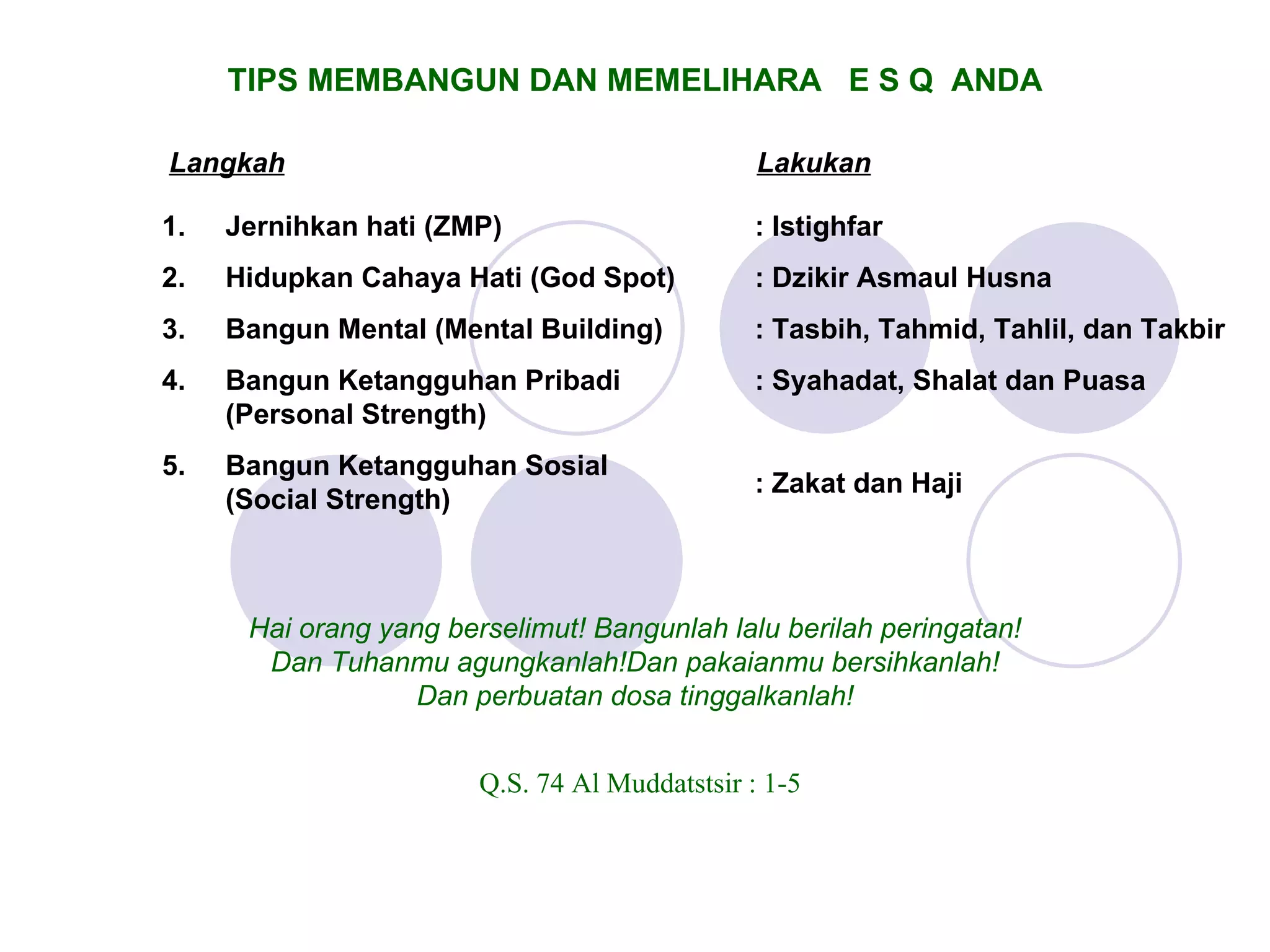 TIPS MEMBANGUN DAN MEMELIHARA  E S Q  ANDA Lakukan : Istighfar : Dzikir Asmaul Husna : Tasbih, Tahmid, Tahlil, dan Takbir : Syahadat, Shalat dan Puasa : Zakat dan Haji Langkah Jernihkan hati (ZMP) Hidupkan Cahaya Hati (God Spot) Bangun Mental (Mental Building) Bangun Ketangguhan Pribadi (Personal Strength) Bangun Ketangguhan Sosial (Social Strength) Q.S. 74 Al Muddatstsir : 1-5 Hai orang yang berselimut! Bangunlah lalu berilah peringatan! Dan Tuhanmu agungkanlah!Dan pakaianmu bersihkanlah! Dan perbuatan dosa tinggalkanlah! 
