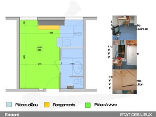 Existant Pièces d’eau Pièce à vivre CUISINE Peu fonctionnelle Conflit avec l’ouverture de la fenêtre SALLE DE BAIN WC intégrés Pas de rangement Mal ventilée PIECE A VIVRE Peu de rangements Mauvaise distribution Utilisation d’un  canapé lit ETAT DES LIEUX Rangements 