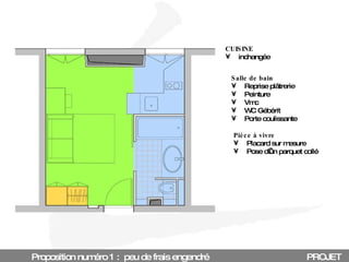 Proposition numéro 1 :  peu de frais engendré PROJET CUISINE inchangée Salle de bain Reprise plâtrerie Peinture Vmc WC Gébérit Porte coulissante Pièce à vivre Placard sur mesure Pose d’un parquet collé 