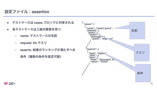 13
設定ファイル：assertion
{

"cases":
[

{

"name": "match query"
,

"request":
{

"query":
{

"match":
{

"message":
{

"query": "engineer
"

}

}

}

}
,

"asserts":
[

{

"type": "higher"
,

"rank": 2
,

"item":
{

"field": "document_id"
,

"value": "24343
"

}

}

]

}

]

}
● テストケースは cases ブロックに列挙される
● 各テストケースは三組の要素を持つ
○ name: テストケースの名前
○ request: Es クエリ
○ asserts: 結果のランキングが満たすべき
条件（複数の条件を指定可能）
名前
クエリ
条件
 