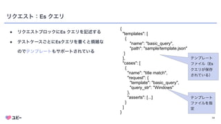14
リクエスト：Es クエリ
● リクエストブロックにEs クエリを記述する
● テストケースごとにEsクエリを書くと煩雑な
のでテンプレートもサポートされている
{


"templates": [


{


"name": "basic_query",


"path": "sample/template.json"


}


],


"cases": [


{


"name": "title match",


"request": {


"template": "basic_query",


"query_str": "Windows"


},


"asserts": [...]


}


]


}


テンプレート
ファイル（Es
クエリが保存
されている）
テンプレート
ファイルを指
定
 