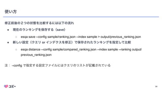24
使い方
修正前後の２つの状態を比較するには以下の流れ
● 現在のランキングを保存する（save）
○ esqa save --config sample/ranking.json --index sample > output/previous_ranking.json


● 新しい設定（クエリ or インデクスを修正）で保存されたランキングを指定して比較
○ esqa distance --config sample/compared_ranking.json --index sample --ranking output/
previous_ranking.json


注： –config で指定する設定ファイルにはクエリのリストが記載されている
 