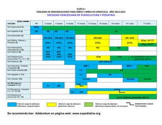 Gráfica I 
ESQUEMA DE INMUNIZACIONES PARA NIÑOS Y NIÑAS EN VENEZUELA, AÑO 2014-2015 
SOCIEDAD VENEZOLANA DE PUERICULTURA Y PEDIATRIA 
EDAD VACUNA RN 2 meses 4 meses 6 meses 12 meses 15 meses 18 meses 24 meses 4-6 años 7-9 años Anti tuberculosis (1) BCG Anti Hepatitis B (2) HB HB HB HB HB Anti poliomielitis (3) 
VPI-VPO VPI-VPO VPI-VPO 
VPI-VPO 
VPI -VPO 
Anti Difteria, Tétanos y Pertussis (4) 
DTPa DTPa DTPa 
DTPa 
DTPa dTpa / dT/ TT dTpa / dT/TT Anti Haemophilus influenzae tipo b (5) 
Hib Hib Hib 
Hib Hib Anti rotavirus (6) 
RV1 RV5 RV1 RV5 RV5 
Anti Streptococcus pneumoniae 10 o 13 V (7) 
VCN VCN VCN 
VCN VCN ALTO RIESGO VCN 13 V ESQUEMA MIXTO Anti Influenza (8) 
Anti influenza Anti Sarampión, Rubéola y Parotiditis (9) 
SRP 1 
SRP 2 SRP Anti Fiebre amarilla (10) 
FA FA Anti Hepatitis A (11) 
H A 
HA Anti Varicela (12) 
Varicela 
Varicela Varicela Anti Meningococo conjugado C (13) 
1ra 2da 
Anti Meningococo conjugada A,C,Y,W-135 (14) 
1ra 2da Anti Streptococcus pneumoniae 23V (15) 
ALTO RIESGO ESQUEMA MIXTO 
Edad y/o rango de edad para Edad y/o rango de edad para Edad y/o rango de edad para ADMINISTRAR A SANOS 
Administrar esquema básico administrar refuerzos administrar esquema básico de no tenerlo Y ALTO RIESGO 
Se recomienda leer Addendum en página web: www.svpediatria.org  