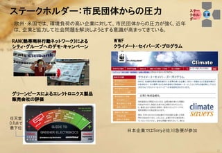 ステークホルダー：市民団体からの圧力                          ステー
                                            クホル   企業
                                            ダー
 欧州・米国では、環境負荷の高い企業に対して、市民団体からの圧力が強く、近年
 は、企業と協力して社会問題を解決しようとする意識が高まってきている。

RAN（熱帯雨林行動ネットワーク）による   WWF
シティ・グループへのデモ・キャンペーン    クライメート・セイバーズ・プログラム




グリーンピースによるエレクトロニクス製品
販売会社の評価



任天堂
0.8点で
最下位
                          日本企業ではSonyと佐川急便が参加



                                                       22
 