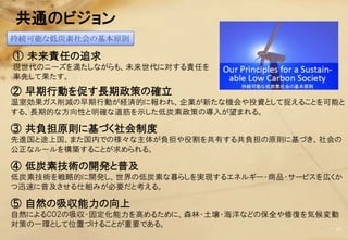 共通のビジョン
持続可能な低炭素社会の基本原則

① 未来責任の追求
現世代のニーズを満たしながらも、未来世代に対する責任を
率先して果たす。
② 早期行動を促す長期政策の確立
温室効果ガス削減の早期行動が経済的に報われ、企業が新たな機会や投資として捉えることを可能と
する、長期的な方向性と明確な道筋を示した低炭素政策の導入が望まれる。

③ 共負担原則に基づく社会制度
先進国と途上国、また国内での様々な主体が負担や役割を共有する共負担の原則に基づき、社会の
公正なルールを構築することが求められる。

④ 低炭素技術の開発と普及
低炭素技術を戦略的に開発し、世界の低炭素な暮らしを実現するエネルギー・商品・サービスを広くか
つ迅速に普及させる仕組みが必要だと考える。

⑤ 自然の吸収能力の向上
自然によるCO2の吸収・固定化能力を高めるために、森林・土壌・海洋などの保全や修復を気候変動
対策の一環として位置づけることが重要である。                        31
 