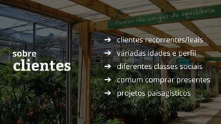 clientes
sobre
➔ clientes recorrentes/leais
➔ variadas idades e perfil
➔ diferentes classes sociais
➔ comum comprar presentes
➔ projetos paisagísticos