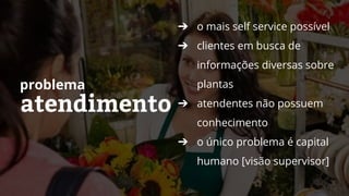 ➔ o mais self service possível
➔ clientes em busca de
informações diversas sobre
plantas
➔ atendentes não possuem
conhecimento
➔ o único problema é capital
humano [visão supervisor]
atendimento
problema
 