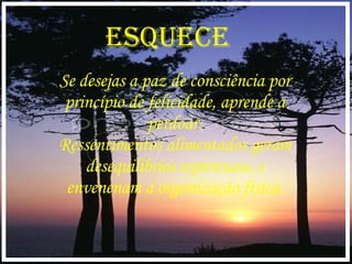 Se desejas a paz de consciência por princípio de felicidade, aprende a perdoar. Ressentimentos alimentados geram desequilíbrios espirituais, e envenenam a organização física. esquece 