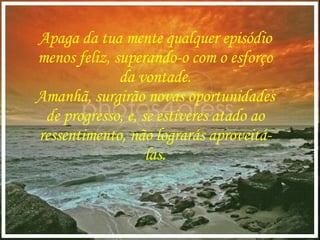 Apaga da tua mente qualquer episódio menos feliz, superando-o com o esforço da vontade. Amanhã, surgirão novas oportunidades de progresso, e, se estiveres atado ao ressentimento, não lograrás aproveitá-las. 