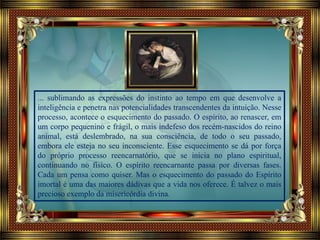 ... sublimando as expressões do instinto ao tempo em que desenvolve a
inteligência e penetra nas potencialidades transcendentes da intuição. Nesse
processo, acontece o esquecimento do passado. O espírito, ao renascer, em
um corpo pequenino e frágil, o mais indefeso dos recém-nascidos do reino
animal, está deslembrado, na sua consciência, de todo o seu passado,
embora ele esteja no seu inconsciente. Esse esquecimento se dá por força
do próprio processo reencarnatório, que se inicia no plano espiritual,
continuando no físico. O espírito reencarnante passa por diversas fases.
Cada um pensa como quiser. Mas o esquecimento do passado do Espírito
imortal é uma das maiores dádivas que a vida nos oferece. É talvez o mais
precioso exemplo da misericórdia divina.
 