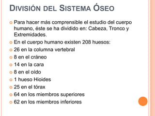 DIVISIÓN DEL SISTEMA ÓSEO
Para hacer más comprensible el estudio del cuerpo
humano, éste se ha dividido en: Cabeza, Tronco y
Extremidades.
En el cuerpo humano existen 208 huesos:
26 en la columna vertebral
8 en el cráneo
14 en la cara
8 en el oído
1 hueso Hioides
25 en el tórax
64 en los miembros superiores
62 en los miembros inferiores
