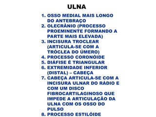 ULNA
1. OSSO MEDIAL MAIS LONGO
DO ANTEBRAÇO
2. OLECRÂNIO (PROCESSO
PROEMINENTE FORMANDO A
PARTE MAIS ELEVADA)
3. INCISURA TROCLEAR
(ARTICULA-SE COM A
TRÓCLEA DO ÚMERO)
4. PROCESSO CORONÓIDE
5. DIÁFISE É TRIANGULAR
6. EXTREMIDADE INFERIOR
(DISTAL) – CABEÇA
7. CABEÇA ARTICULA-SE COM A
INCISURA ULNAR DO RÁDIO E
COM UM DISCO
FIBROCARTILAGINOSO QUE
IMPEDE A ARTICULAÇÃO DA
ULNA COM OS OSSO DO
PULSO
8. PROCESSO ESTILÓIDE
 