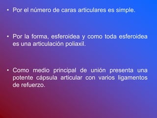 • Por el número de caras articulares es simple.
• Por la forma, esferoidea y como toda esferoidea
es una articulación poliaxil.
• Como medio principal de unión presenta una
potente cápsula articular con varios ligamentos
de refuerzo.
 