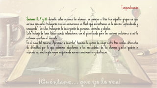 Temporalización
Sesiones 8, 9 y 10: durante estas sesiones los alumnos, en parejas o tríos (en aquellos grupos en que
así sea necesario) trabajarán con las animaciones en flash que encontramos en la sección “aprendiendo y
ensayando”. En ellas trabajarán la descripción de personas, animales y objetos.
Este trabajo de base lúdica puede intercalarse con el planificado para las sesiones anteriores si así lo
estimase oportuno el docente.
En el caso del recurso “Aprender a describir” tenemos la opción de elegir entre tres niveles diferentes
de dificultad por lo que podremos adaptarnos a las necesidades de los alumnos y estos podrán ir
subiendo de nivel según vayan adquiriendo nuevos conocimientos y destrezas.
 