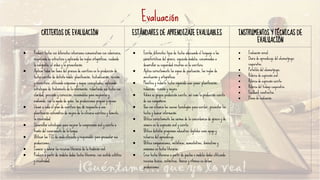 Evaluación
CRITERIOS DE EVALUACIÓN ESTÁNDARES DE APRENDIZAJE EVALUABLES INSTRUMENTOS Y TÉCNICAS DE
EVALUACIÓN
● Producir textos con diferentes intenciones comunicativas con coherencia,
respetando su estructura y aplicando las reglas ortográficas, cuidando
la caligrafía, el orden y la presentación.
● Aplicar todas las fases del proceso de escritura en la producción de
textos escritos de distinta índole: planificación, textualización, revisión
y reescritura, utilizando esquemas y mapas conceptuales, aplicando
estrategias de tratamiento de la información, redactando sus textos con
claridad, precisión y corrección, revisándolos para mejorarlos y
evaluando, con la ayuda de guías, las producciones propias y ajenas.
● Llevar a cabo el plan de escritura que dé respuesta a una
planificación sistemática de mejora de la eficacia escritora y fomente
la creatividad.
● Desarrollar estrategias para mejorar la comprensión oral y escrita a
través del conocimiento de la lengua.
● Utilizar las TIC de modo eficiente y responsable para presentar sus
producciones.
● Conocer y valorar los recursos literarios de la tradición oral.
● Producir a partir de modelos dados textos literarios, con sentido estético
y creatividad.
● Escribe diferentes tipos de textos adecuando el lenguaje a las
características del género, siguiendo modelos, encaminados a
desarrollar su capacidad creativa en la escritura.
● Aplica correctamente los signos de puntuación, las reglas de
acentuación y ortográficas.
● Planifica y redacta textos siguiendo unos pasos: planificación,
redacción, revisión y mejora.
● Valora su propia producción escrita, así como la producción escrita
de sus compañeros.
● Usa con eficacia las nuevas tecnologías para escribir, presentar los
textos y buscar información.
● Utiliza correctamente las normas de la concordancia de género y de
número en la expresión oral y escrita.
● Utiliza distintos programas educativos digitales como apoyo y
refuerzo del aprendizaje.
● Utiliza comparaciones, metáforas, aumentativos, diminutivos y
sinónimos en textos literarios.
● Crea textos literarios a partir de pautas o modelos dados utilizando
recursos léxicos, sintácticos, fónicos y rítmicos en dichas
producciones.
● Evaluación inicial.
● Diario de aprendizaje del alumno/grupo
cooperativo.
● Portafolio del alumno/grupo.
● Rúbrica de expresión oral.
● Rúbrica de expresión escrita.
● Rúbrica del trabajo cooperativo.
● Feedback constructivo.
● Diana de evaluación.
 