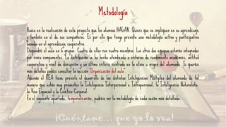 Metodología
Busco en la realización de este proyecto que los alumnos HAGAN. Quiero que se impliquen en su aprendizaje
y también en el de sus compañeros. Es por ello que tengo prevista una metodología activa y participativa
basada en el aprendizaje cooperativo.
Dispondré el aula en 6 grupos. Cuatro de ellos con cuatro miembros. Los otros dos equipos estarán integrados
por cinco componentes. La distribución se ha hecho atendiendo a criterios de rendimiento académico, actitud
cooperativa y nivel de disrupción y un último criterio centrado en la etnia u origen del alumnado. Si queréis
más detalles podéis consultar la sección “Organización del aula”.
Además el REA tiene previsto el desarrollo de las distintas Inteligencias Múltiples del alumnado de tal
manera que están muy presentes la Inteligencia Interpersonal e Intrapersonal, la Inteligencia Naturalista,
la Viso-Espacial y la Cinético-Corporal.
En el siguiente apartado, temporalización, podréis ver la metodología de cada sesión más detallada.
 