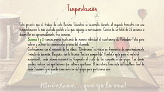 Temporalización
Está previsto que el trabajo de este Recurso Educativo se desarrolle durante el segundo trimestre con una
temporalización lo más ajustada posible a la que expongo a continuación. Consta de un total de 25 sesiones a
desarrollar en aproximadamente tres semanas.
Sesiones 1 y 2: comenzaremos realizando de manera individual el cuestionario de Verdadero-Falso para
valorar y activar los conocimientos previos del alumnado.
Continuaremos con el visionado de los vídeos. “Dividiremos” los vídeos en fragmentos de aproximadamente
1 minuto de duración. Después, con la técnica “lectura compartida” (también apta para el material
audiovisual), cada alumno resumirá su fragmento al resto de los compañeros de grupo. Los demás
pueden realizar las aportaciones que estimen oportunas. El secretario toma nota del resultado final de
cada “resumen” y se guarda como material del grupo para posteriores usos.
 