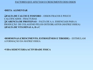 FACTORES QUE AFECTAM O CRESCIMENTO DOS OSSOS


•DIETA ALIMENTAR

FALTA DE CALCIO E FOSFORO – OSSOS FRACOS E POUCO
CALCIFICADOS - FRACTURAS
CARENCIA DE PROTEINAS – FALTA DE A.A. ESSENCIAIS PARA A
PRODUÇÃO DE COLAGENIO PELOS OSTEOBLASTOS (MATRIZ OSSEA)
FALTA DE VITAMINAS A, D e C



•HORMONAS (CRESCIMENTO, ESTROGÉNIOS E TIROIDE) – ESTIMULAM
A FORMAÇÃO DA MATRIZ OSSEA


•VIDA SEDENTÁRIA/ACTIVIDADE FISICA
 
