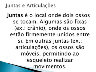 Juntas é o local onde dois ossos
se tocam. Algumas são fixas
(ex.: crânio), onde os ossos
estão firmemente unidos entre
si. Em outras juntas (ex.:
articulações), os ossos são
móveis, permitindo ao
esqueleto realizar
movimentos.
 