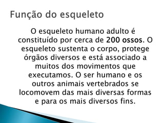 O esqueleto humano adulto é
constituído por cerca de 200 ossos. O
esqueleto sustenta o corpo, protege
órgãos diversos e está associado a
muitos dos movimentos que
executamos. O ser humano e os
outros animais vertebrados se
locomovem das mais diversas formas
e para os mais diversos fins.
 