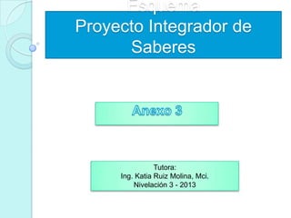 Esquema
Proyecto Integrador de
Saberes
Tutora:
Ing. Katia Ruiz Molina, Mci.
Nivelación 3 - 2013
 