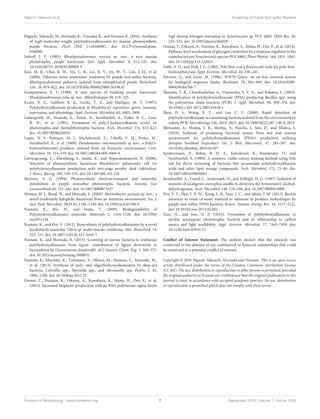 Higuchi-Takeuchi et al. Screening of Purple Non-sulfur Bacteria
Higuchi-Takeuchi, M., Morisaki, K., Toyooka, K., and Numata, K. (2016). Synthesis
of high-molecular-weight polyhydroxyalkanoates by marine photosynthetic
purple bacteria. PLoS ONE 11:e0160981. doi: 10.1371/journal.pone.
0160981
Imhoff, J. F. (1983). Rhodopseudomonas marina sp. nov., a new marine
phototrophic purple bacterium. Syst. Appl. Microbiol. 4, 512–521. doi:
10.1016/S0723-2020(83)80009-5
Kim, M. K., Choi, K. M., Yin, C. R., Lee, K. Y., Im, W. T., Lim, J. H., et al.
(2004). Odorous swine wastewater treatment by purple non-sulfur bacteria,
Rhodopseudomonas palustris, isolated from eutrophicated ponds. Biotechnol.
Lett. 26, 819–822. doi: 10.1023/B:Bile.0000025884.50198.67
Kompantseva, E. I. (1989). A new species of budding purple bacterium:
Rhodopseudomonas julia sp. nov. Mikrobiologiya 58, 319–325.
Kranz, R. G., Gabbert, K. K., Locke, T. A., and Madigan, M. T. (1997).
Polyhydroxyalkanoate production in Rhodobacter capsulatus: genes, mutants,
expression, and physiology. Appl. Environ. Microbiol. 63, 3003–3009.
Liebergesell, M., Hustede, E., Timm, A., Steinbuchel, A., Fuller, R. C., Lenz,
R. W., et al. (1991). Formation of poly(3-hydroxyalkanoic acids) by
phototrophic and chemolithotrophic bacteria. Arch. Microbiol. 155, 415–421.
doi: 10.1007/BF00244955
Lopez, N. I., Pettinari, M. J., Stackebrandt, E., Tribelli, P. M., Potter, M.,
Steinbuchel, A., et al. (2009). Pseudomonas extremaustralis sp nov., a Poly(3-
hydroxybutyrate) producer isolated from an Antarctic environment. Curr.
Microbiol. 59, 514–519. doi: 10.1007/s00284-009-9469-9
Lorrungruang, C., Martthong, J., Sasaki, K., and Noparatnaraporn, N. (2006).
Selection of photosynthetic bacterium Rhodobacter sphaeroides 14F for
polyhydroxyalkanoate production with two-stage aerobic dark cultivation.
J. Biosci. Bioeng. 102, 128–131. doi: 10.1263/jbb.102.128
Mcewan, A. G. (1994). Photosynthetic electron-transport and anaerobic
metabolism in purple nonsulfur phototrophic bacteria. Antonie Van
Leeuwenhoek 66, 151–164. doi: 10.1007/Bf00871637
Montes, M. J., Bozal, N., and Mercade, E. (2008). Marinobacter guineae sp. nov., a
novel moderately halophilic bacterium from an Antarctic environment. Int. J.
Syst. Evol. Microbiol. 58(Pt 6), 1346–1349. doi: 10.1099/ijs.0.65298-0
Numata, K., Abe, H., and Iwata, T. (2009). Biodegradability of
Poly(hydroxyalkanoate) materials. Materials 2, 1104–1126. doi: 10.3390/
ma2031104
Numata, K., and Doi, Y. (2012). Biosynthesis of polyhydroxyalkanaotes by a novel
facultatively anaerobic Vibrio sp. under marine conditions. Mar. Biotechnol. 14,
323–331. doi: 10.1007/s10126-011-9416-1
Numata, K., and Morisaki, K. (2015). Screening of marine bacteria to synthesize
polyhydroxyalkanoate from lignin: contribution of lignin derivatives to
biosynthesis by Oceanimonas doudoroffii. ACS Sustain. Chem. Eng. 3, 569–573.
doi: 10.1021/acssuschemeng.5b00031
Numata, K., Morisaki, K., Tomizawa, S., Ohtani, M., Demura, T., Miyazaki, M.,
et al. (2013). Synthesis of poly- and oligo(hydroxyalkanoate)s by deep-sea
bacteria, Colwellia spp., Moritella spp., and Shewanella spp. Polym. J. 45,
1094–1100. doi: 10.1038/pj.2013.25
Osanai, T., Numata, K., Oikawa, A., Kuwahara, A., Iijima, H., Doi, Y., et al.
(2013). Increased bioplastic production with an RNA polymerase sigma factor
SigE during nitrogen starvation in Synechocystis sp. PCC 6803. DNA Res. 20,
525–535. doi: 10.1093/dnares/dst028
Osanai, T., Oikawa, A., Numata, K., Kuwahara, A., Iijima, H., Doi, Y., et al. (2014).
Pathway-level acceleration of glycogen catabolism by a response regulator in the
cyanobacterium Synechocystis species PCC 6803. Plant Physiol. 164, 1831–1841.
doi: 10.1104/pp.113.232025
Ostle, A. G., and Holt, J. G. (1982). Nile blue-a as a fluorescent stain for poly-beta-
hydroxybutyrate. Appl. Environ. Microbiol. 44, 238–241.
Perriere, G., and Gouy, M. (1996). WWW-Query: an on-line retrieval system
for biological sequence banks. Biochimie 78, 364–369. doi: 10.1016/0300-
9084(96)84768-7
Shamala, T. R., Chandrashekar, A., Vijayendra, S. V. N., and Kshama, L. (2003).
Identification of polyhydroxyalkanoate (PHA)-producing Bacillus spp. using
the polymerase chain reaction (PCR). J. Appl. Microbiol. 94, 369–374. doi:
10.1046/j.1365-2672.2003.01838.x
Sheu, D. S., Wang, Y. T., and Lee, C. Y. (2000). Rapid detection of
polyhydroxyalkanoate-accumulating bacteria isolated from the environment by
colony PCR. Microbiology 146, 2019–2025. doi: 10.1099/00221287-146-8-2019
Shrivastav, A., Mishra, S. K., Shethia, B., Pancha, I., Jain, D., and Mishra, S.
(2010). Isolation of promising bacterial strains from soil and marine
environment for polyhydroxyalkanoates (PHAs) production utilizing
Jatropha biodiesel byproduct. Int. J. Biol. Macromol. 47, 283–287. doi:
10.1016/j.ijbiomac.2010.04.007
Spiekermann, P., Rehm, B. H. A., Kalscheuer, R., Baumeister, D., and
Steinbuchel, A. (1999). A sensitive, viable-colony staining method using Nile
red for direct screening of bacteria that accumulate polyhydroxyalkanoic
acids and other lipid storage compounds. Arch. Microbiol. 171, 73–80. doi:
10.1007/s002030050681
Steinbuchel, A., Frund, C., Jendrossek, D., and Schlegel, H. G. (1987). Isolation of
mutants of alcaligenes-eutrophus unable to derepress the fermentative alcohol-
dehydrogenase. Arch. Microbiol. 148, 178–186. doi: 10.1007/Bf00414809
Wu, T. Y., Hay, J. X. W., Kong, L. B., Juan, J. C., and Jahim, J. M. (2012). Recent
advances in reuse of waste material as substrate to produce biohydrogen by
purple non-sulfur (PNS) bacteria. Renew. Sustain. Energy Rev. 16, 3117–3122.
doi: 10.1016/j.rser.2012.02.002
Xiao, N., and Jiao, N. Z. (2011). Formation of polyhydroxyalkanoate in
aerobic anoxygenic phototrophic bacteria and its relationship to carbon
source and light availability. Appl. Environ. Microbiol. 77, 7445–7450. doi:
10.1128/Aem.05955-11
Conflict of Interest Statement: The authors declare that the research was
conducted in the absence of any commercial or financial relationships that could
be construed as a potential conflict of interest.
Copyright © 2016 Higuchi-Takeuchi, Morisaki and Numata. This is an open-access
article distributed under the terms of the Creative Commons Attribution License
(CC BY). The use, distribution or reproduction in other forums is permitted, provided
the original author(s) or licensor are credited and that the original publication in this
journal is cited, in accordance with accepted academic practice. No use, distribution
or reproduction is permitted which does not comply with these terms.
Frontiers in Microbiology | www.frontiersin.org 7 September 2016 | Volume 7 | Article 1509
 